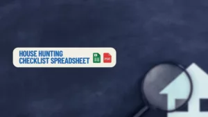 house hunting checklist spreadsheet next to a magnifying glass over a house
